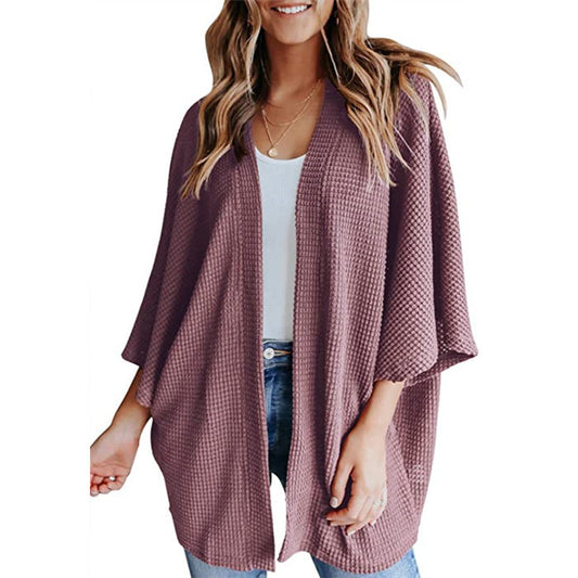 Bat Sleeve Waffle Knit Cardigan