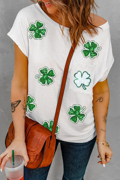 Sequin Lucky Clover Boat Neck T-Shirt – Sparkling & Stylish Women's Top