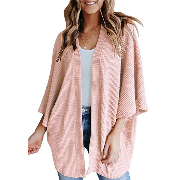 Bat Sleeve Waffle Knit Cardigan